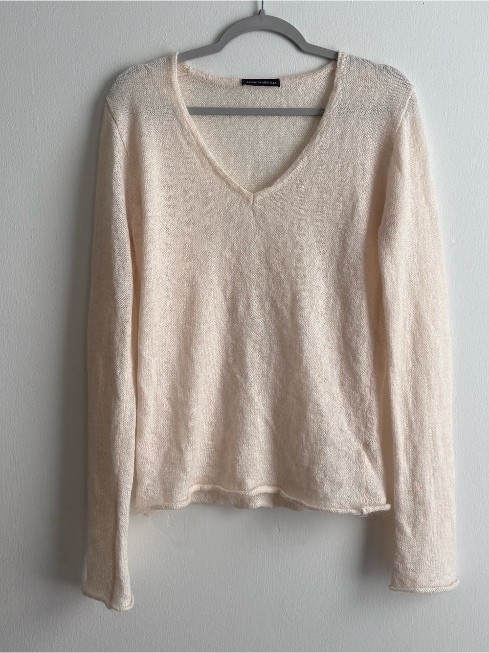 Brandy Melville Cream Mohair Blend Solid V-Neck Knit Pullover Sweater One Size